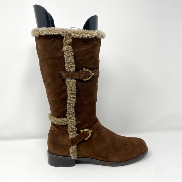 Stuart Weitzman Shoes - Stuart Weitzman Womens 7.5 Brown Suede Faux Fur Trim Tall Boots Boho Cozy Winter